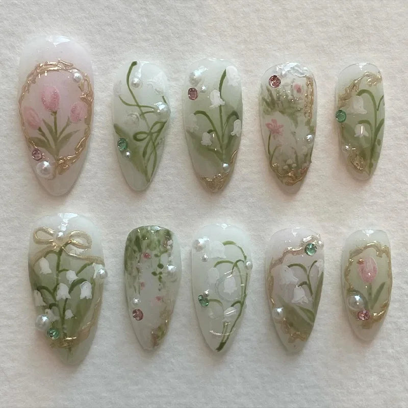 Hand-Painted Botanical Flower Press-On Nails – Almond, 24 Pcs
