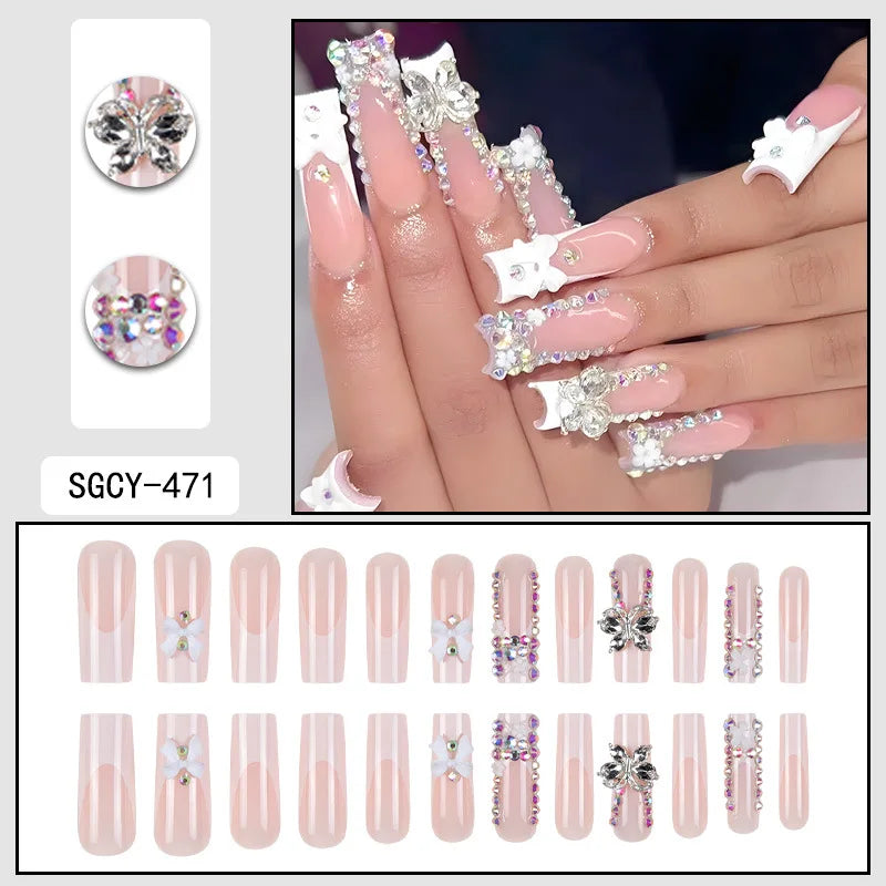 Glitter Butterfly Rhinestone Press-On Nails – Long Coffin, 24 Pcs