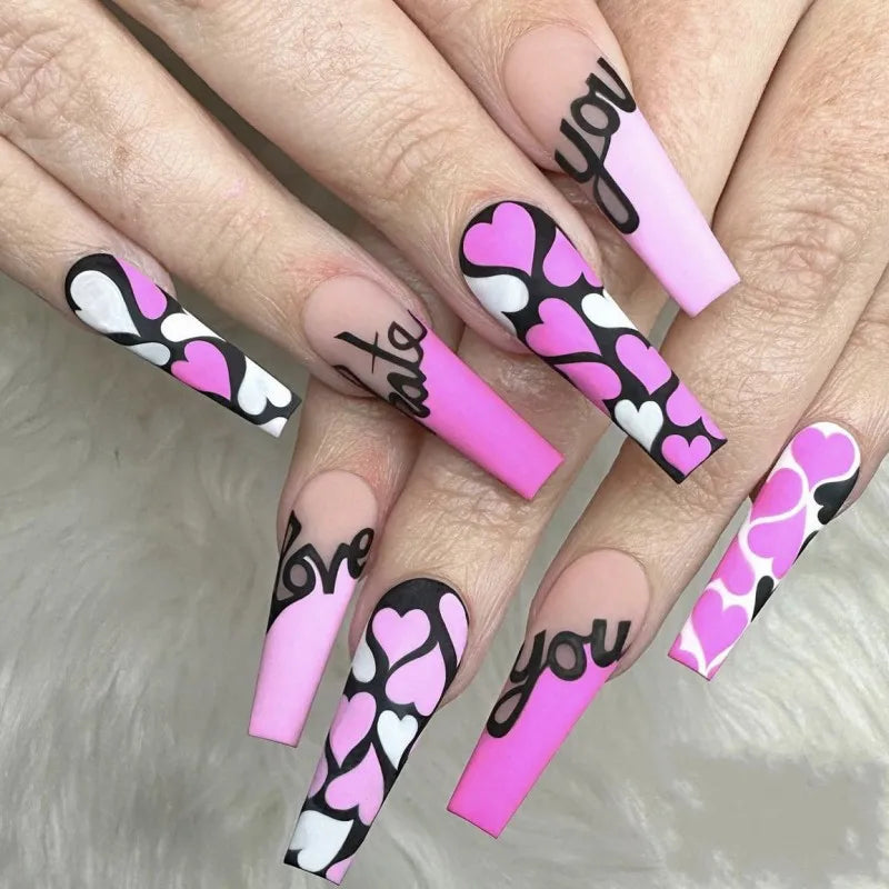 Medium long fake nails for women girls y2k Color Block Stripe Ballet Almond Nail tip Press-On False Nails Set for quick manicure
