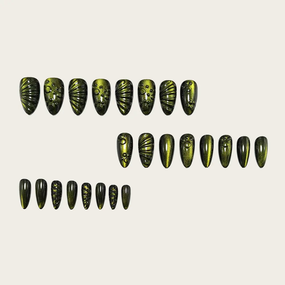Medium Almond fake nails for women girls dark green cyan cat eyes 3D waterdrop design full cover press on acrylic false nail art