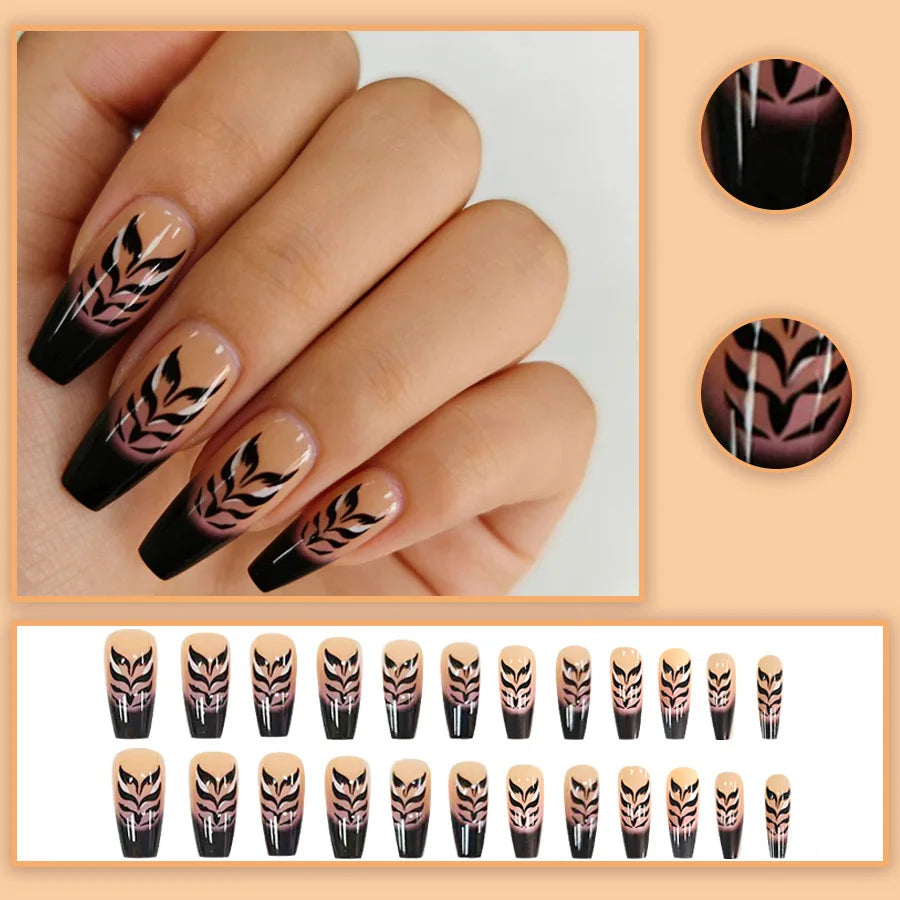 Purple & Black Floral Stripe Ballet Press-On Nails – Medium