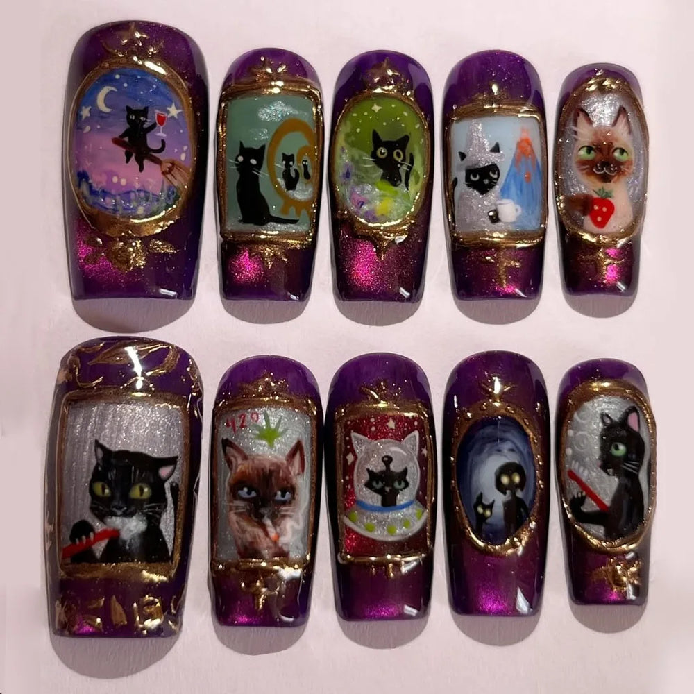 Magic Cat Cartoon Y2K Press-On Nails – Long Square, 24 Pcs