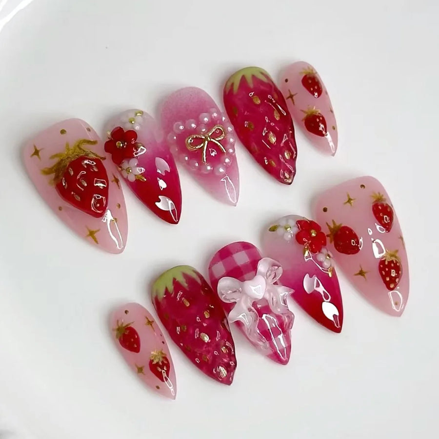 Strawberry Pink Plaid 3D Bow Press-On Nails – Almond, 24 Pcs