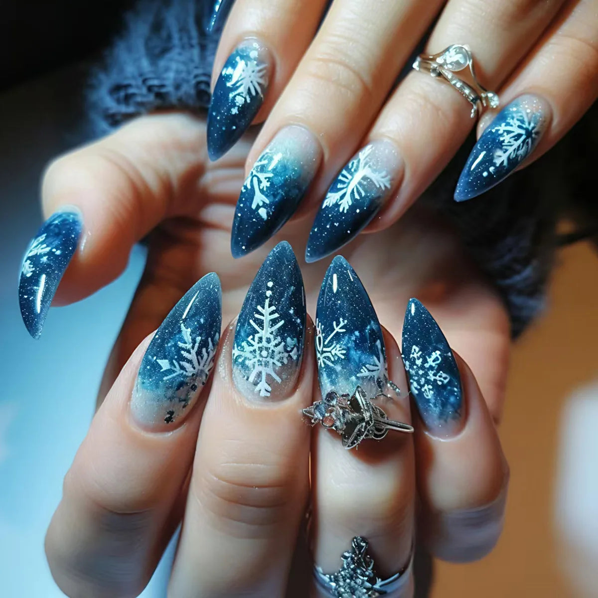 Medium long fake nails for Chirstmas party Square almond tips christmas tree snowflake gift snowman press on false nail art set