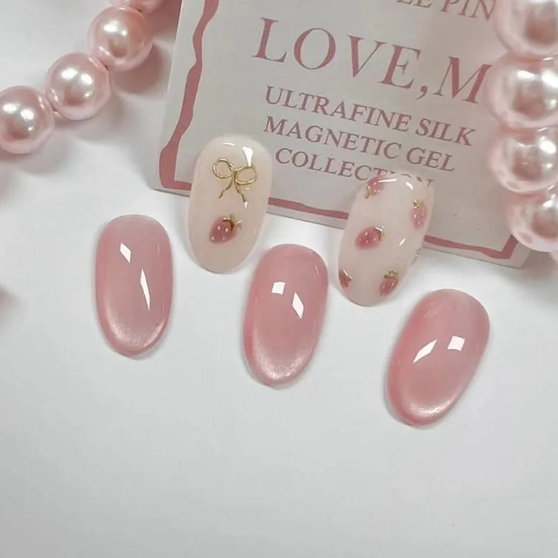 Short Medium fake nails for women gilrs light coffee nude pink glossy cat eyes Minimalist style Oval almond tips press on nails