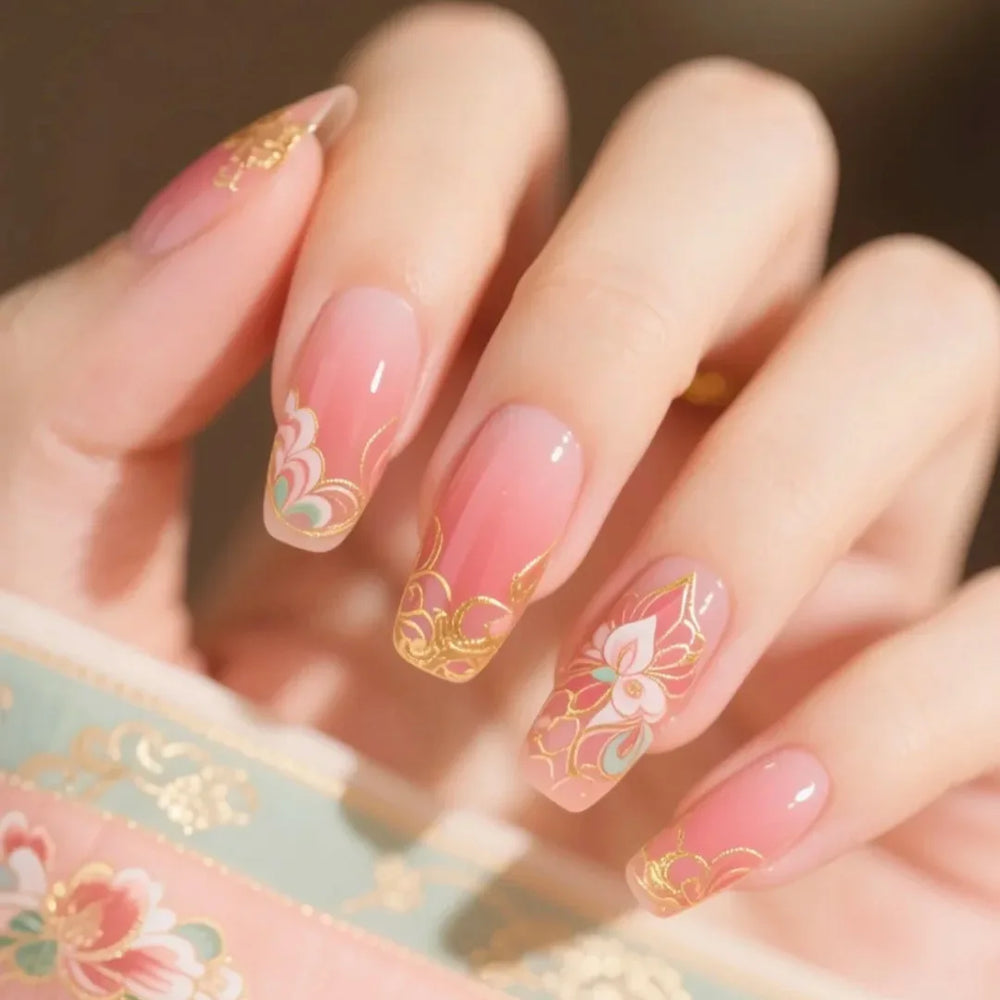 Autumn Maple Leaf Press-On Nails – Brown Green Pink, Medium Long, 24 Pcs