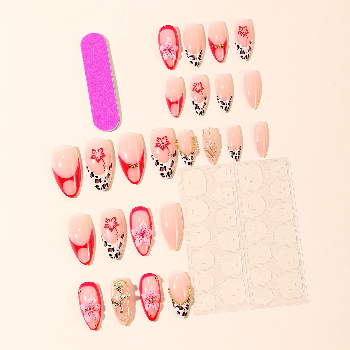Medium fake nails for women gilrs 3D pink red golden flowers leopard polka dots design french almond tips press on nails art