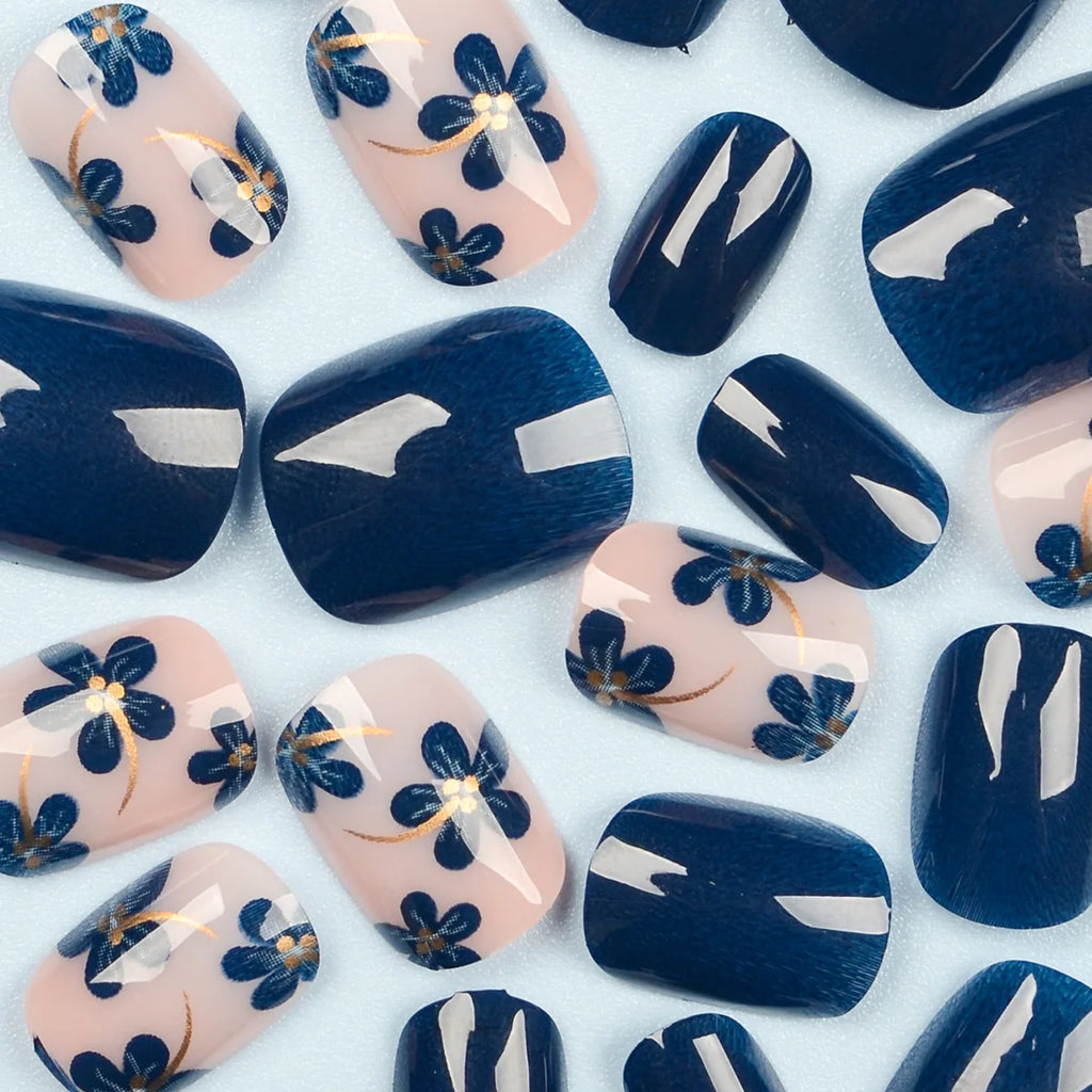 Short Square Fake Nails for Women Girls Spring Summer Flowers in Deep Blue Golden Colors Full Cover Press On Acrylic False Nail