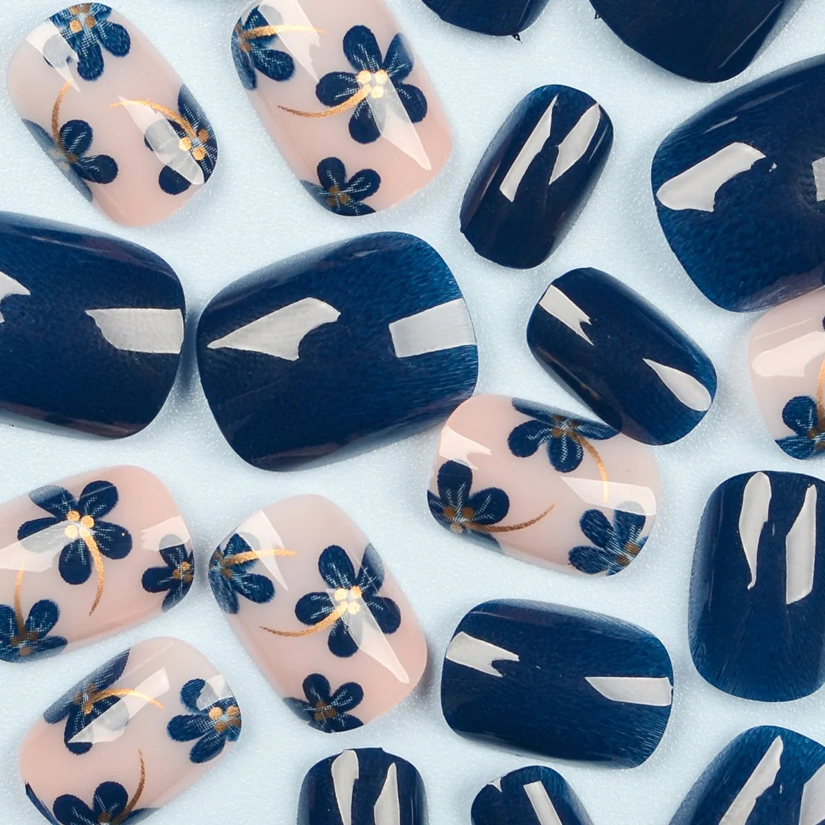 Short Square Fake Nails for Women Girls Spring Summer Flowers in Deep Blue Golden Colors Full Cover Press On Acrylic False Nail