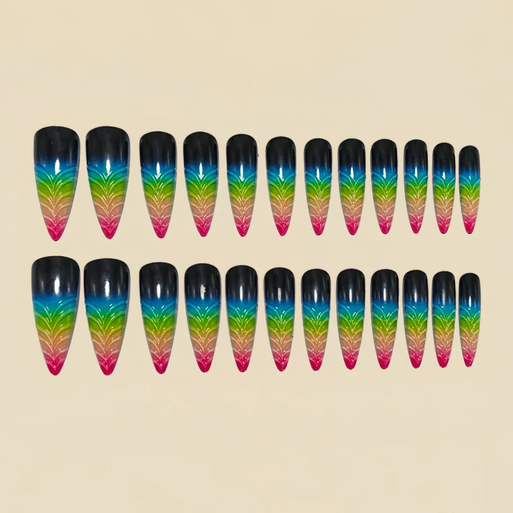 3D Embossed Bow Gradient Press-On Nails – Blue Yellow Pink Red, Long Waterdrop