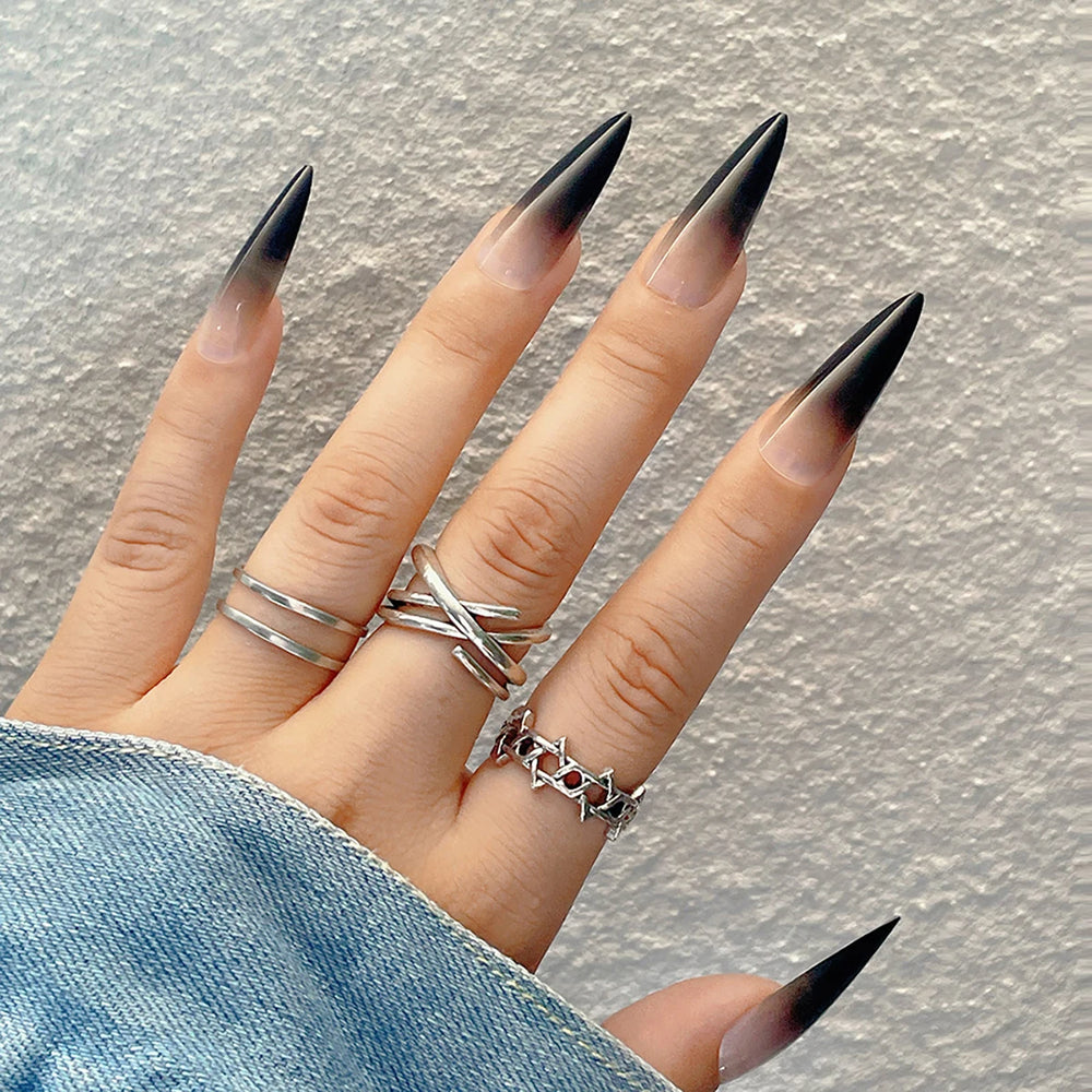 Black Ombre Gothic Metal Heart Press-On Nails – Long Stiletto, 24 Pcs