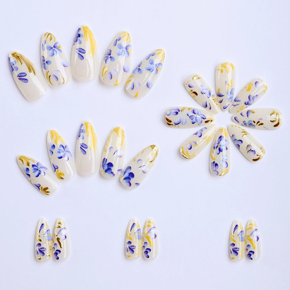 Gold Foil Blue Flower Press-On Nails – Almond, 24 Pcs