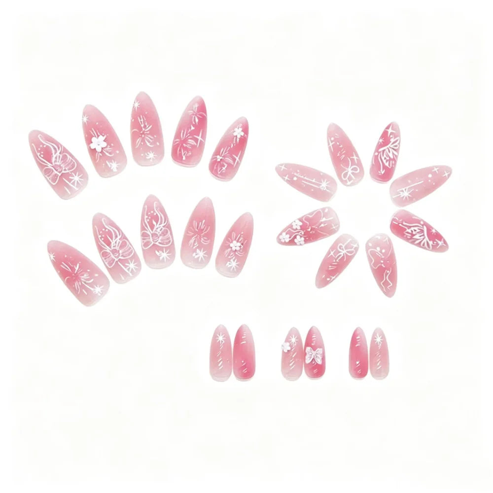 3D fake nails for women girls Gradient pink colors with flowers butterfly design almond nail tips full cover press on false nail