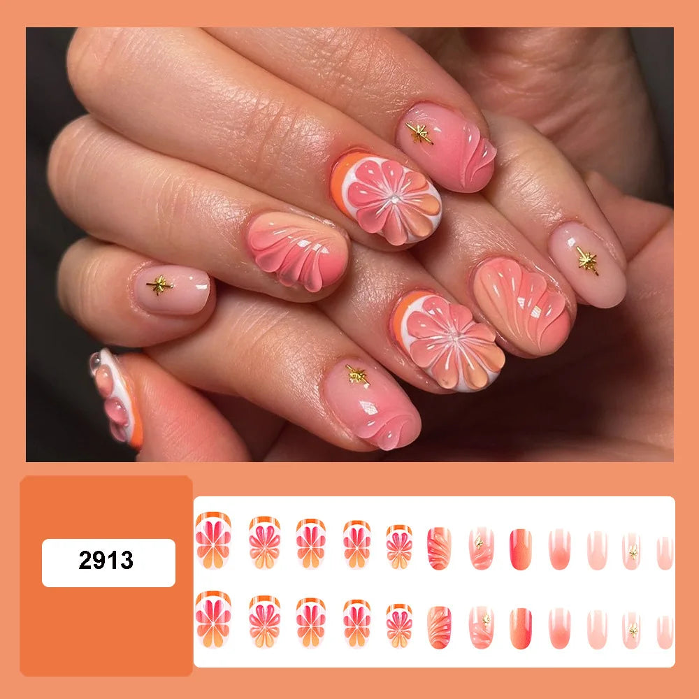Short fake nails for women gilrs gradient orange pink 3D embossed flowers fruit design for Spring summer press on nails art