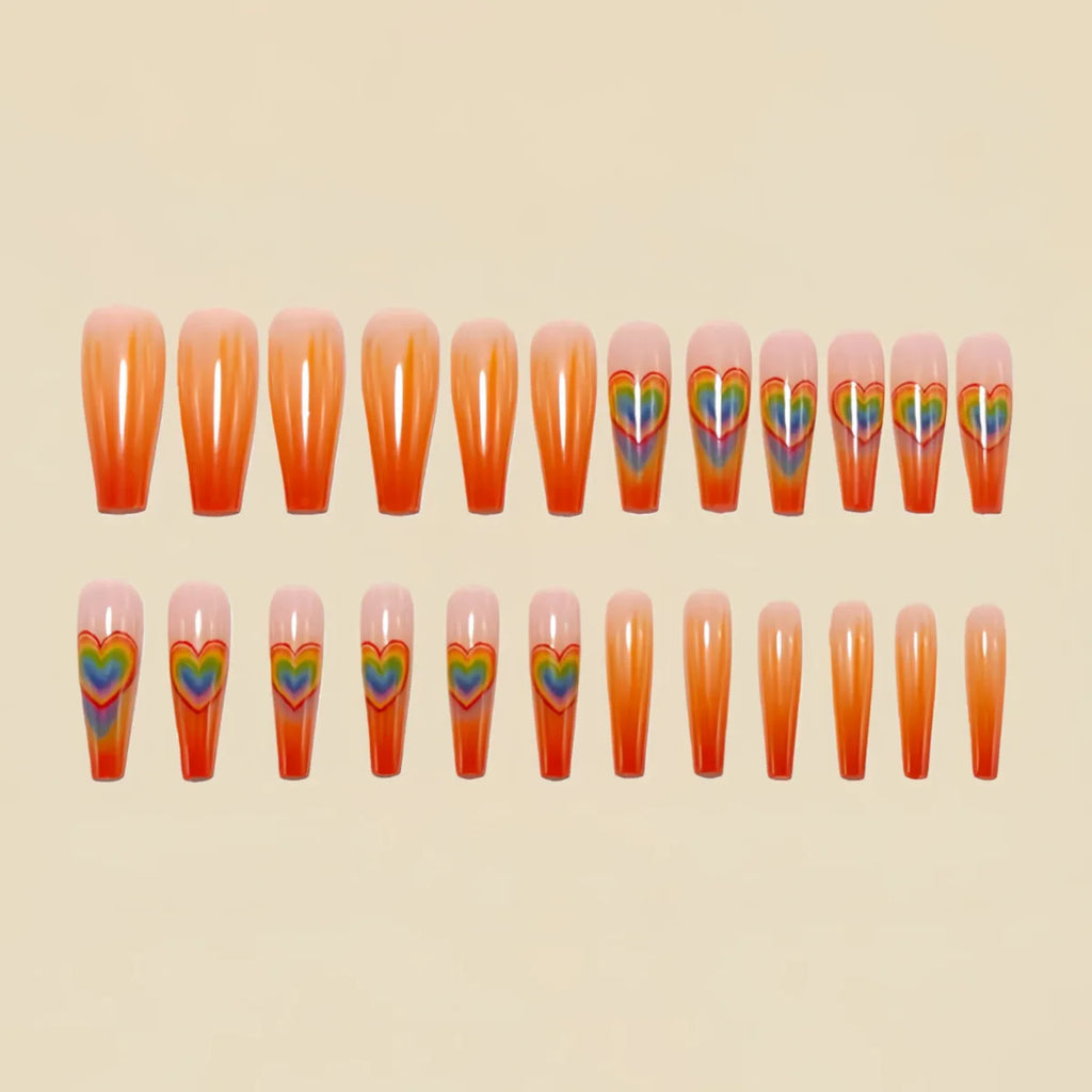 Medium long fake nails Y2K gradient orange purple yellow flowers heart design for spring summer full cover press on false nail