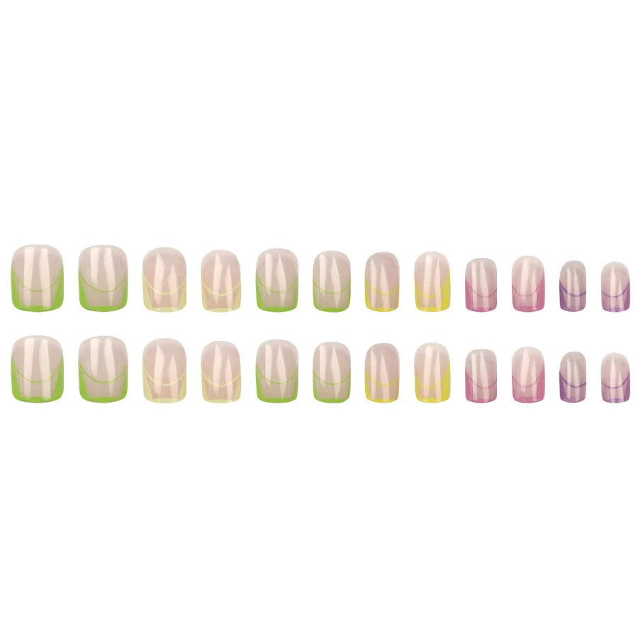 Short square fake nails for women Nude colors with french colorful strips Y2K full cover resuable press on false nail art set