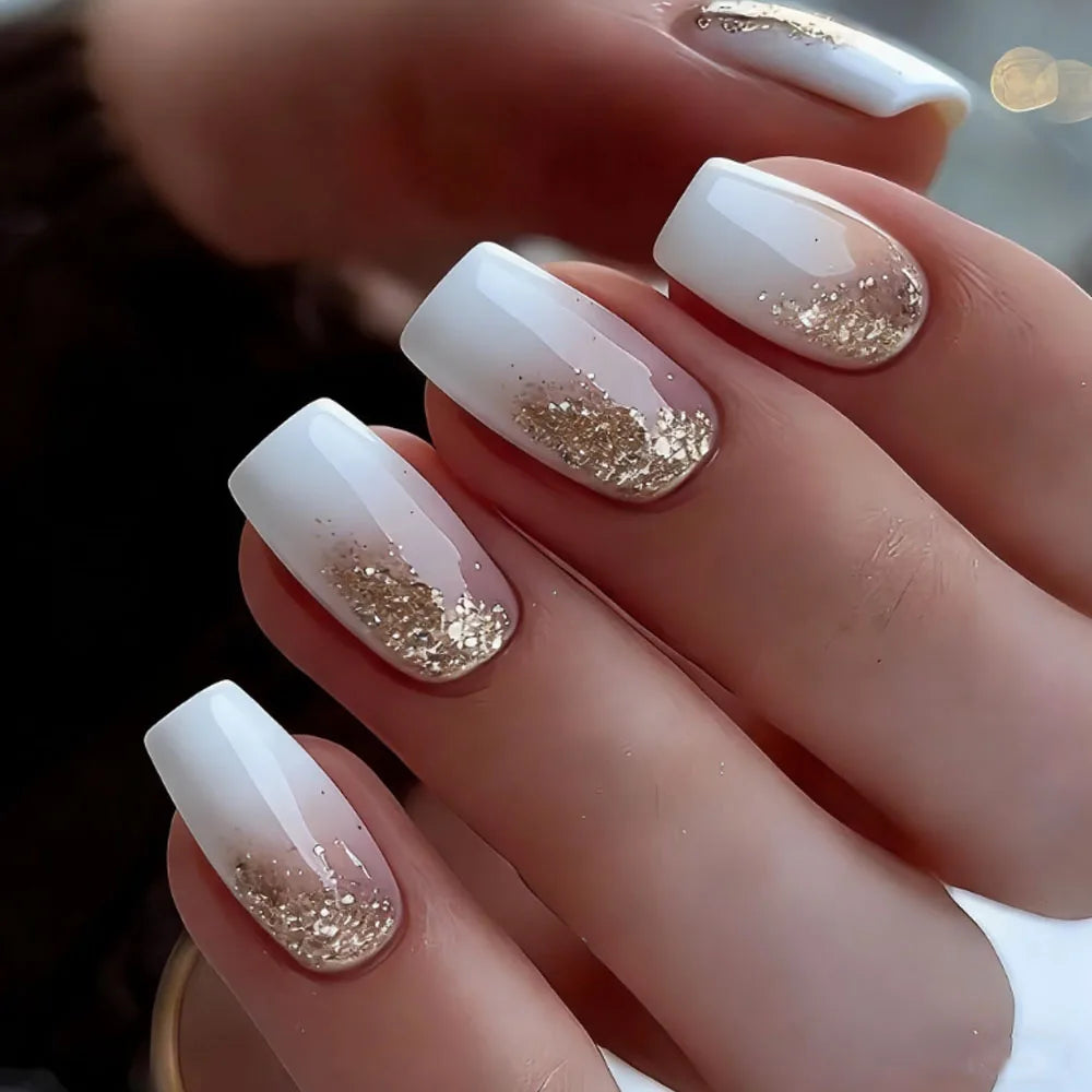 Short Square fake nails for women gradient nude white brown french style with sparkling glitters full cover press on false nail