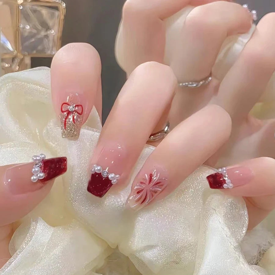 Medium fake nails for women white red ballet nail tips with pearls rhinestones glitters design full cover press on false nail