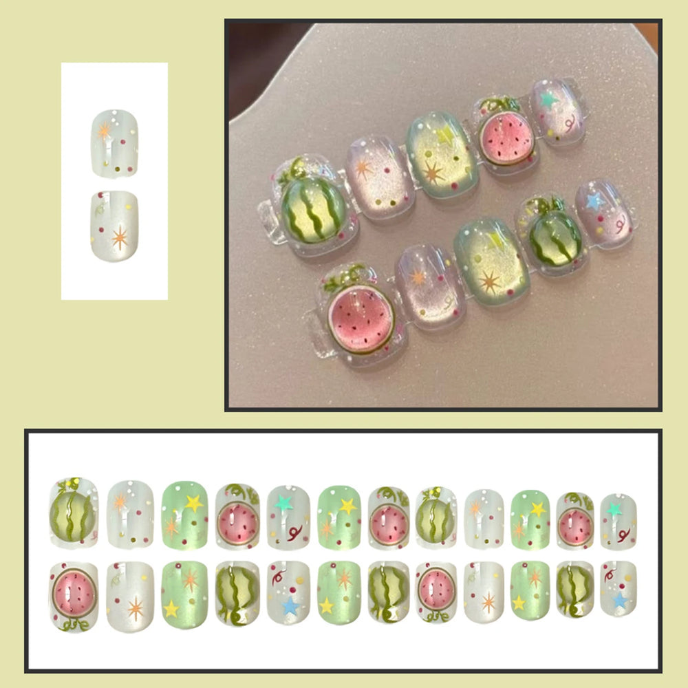 Watermelon & Star Jelly Press-On Nails – Short Round, 24 Pcs