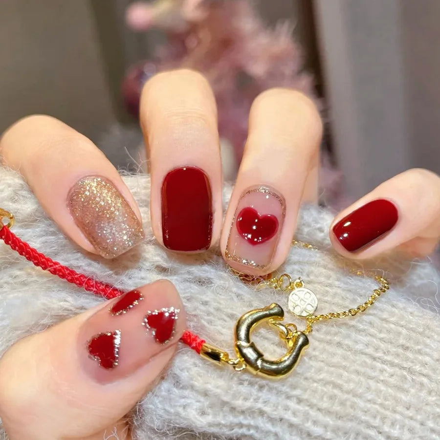 Short fake nails for women sparkling glitter or glossy cute red heart cherry design for Valentine's Day press on false nail