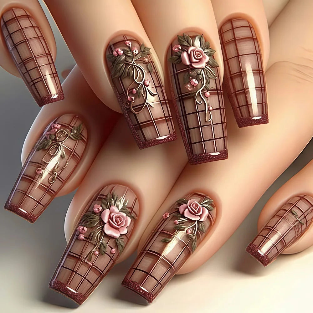 Brown Floral Leaf & Black Butterfly Grid Press-On Nails – Autumn/Winter, Medium Long