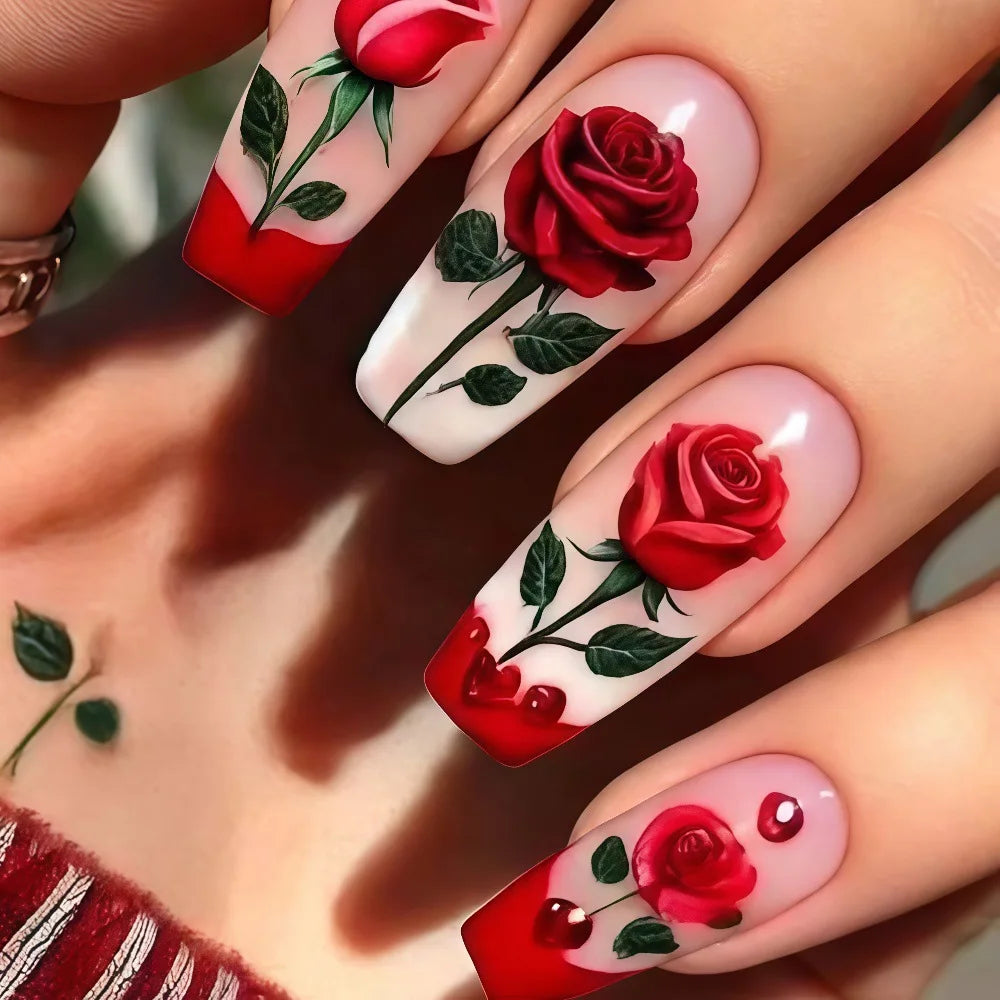 24pcs/set Medium long fake nails Gradient pink red blue flowers heart for Autumn Winter almond ballet tips press on false nail