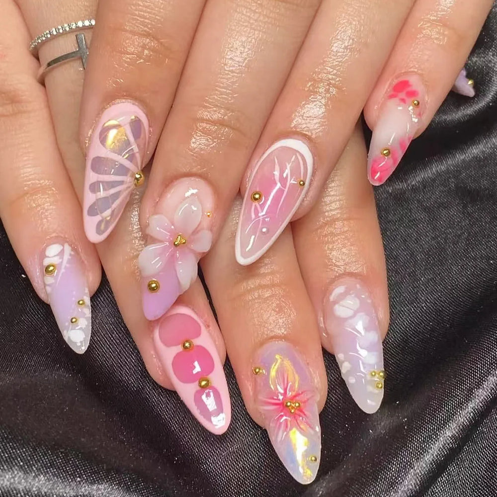 Tropical Hibiscus & Butterfly French Press-On Nails – Almond, 24 Pcs