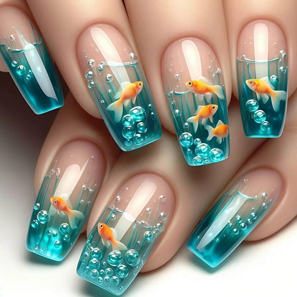 Blue Ocean Fish & Jellyfish Press-On Nails – Medium Long, 24 Pcs