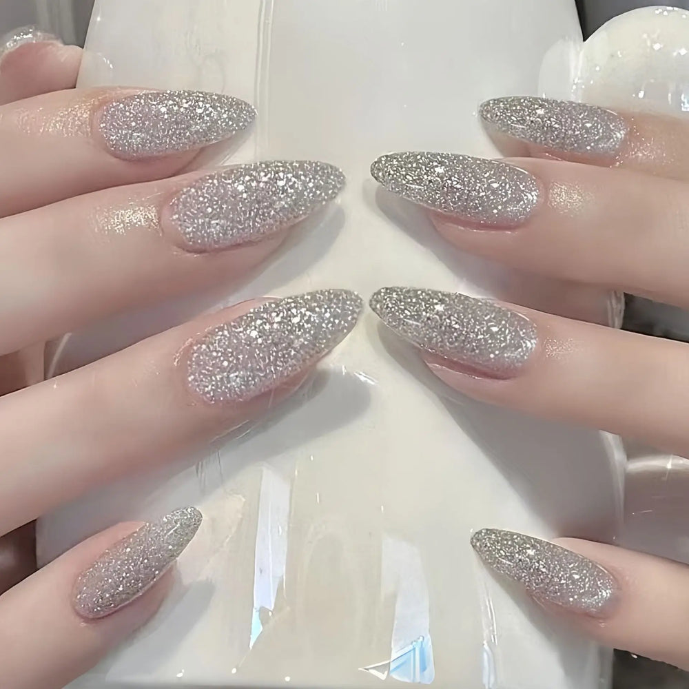 Gold Brown Silver Sparkling Glitter Ballet Press-On Nails – Short/Medium/Long Square, 24 Pcs