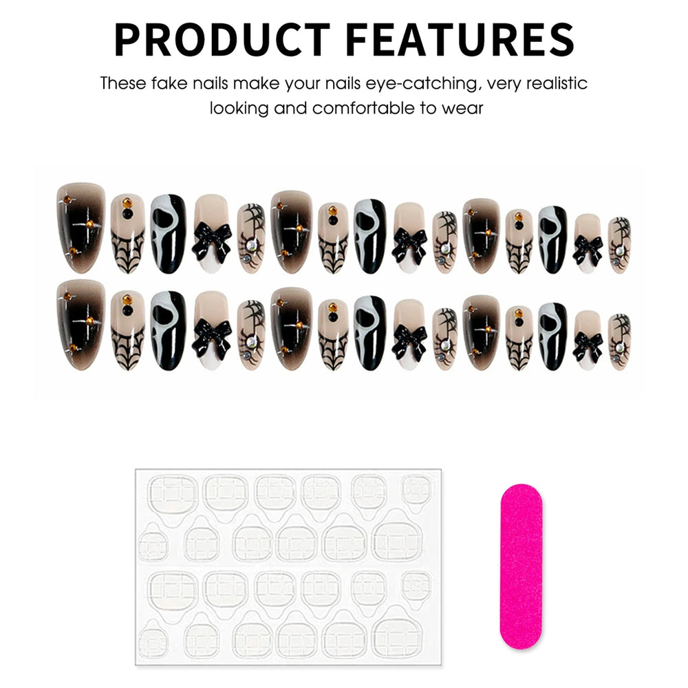 Black Ombre Horror Ghost & Spider Web Press-On Nails – Almond, 30 Pcs