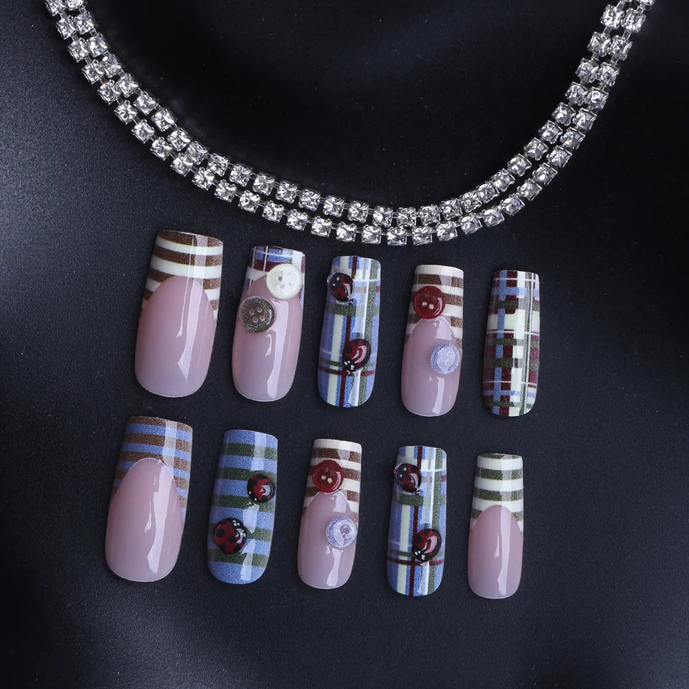 Vintage Plaid & Ladybug Button French Press-On Nails – Coffin, 24 Pcs