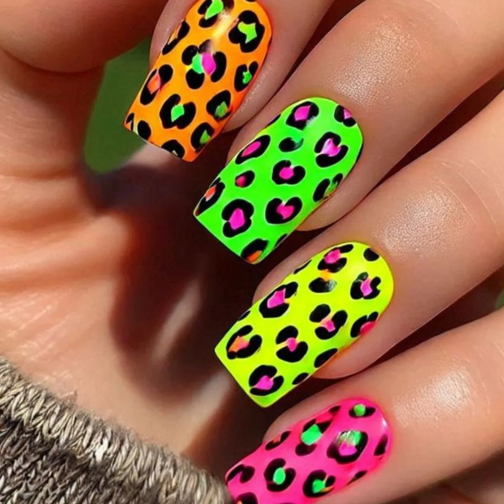 Y2K Leopard & Flower Square Ballet Press-On Nails – Medium Long, 24 Pcs