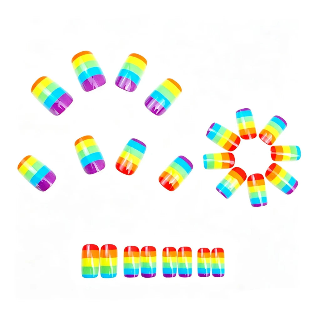24pcs/set colorful fake nails Y2K yellow red blue purple green horizontal stripes Medium square shape press on fasle nail art