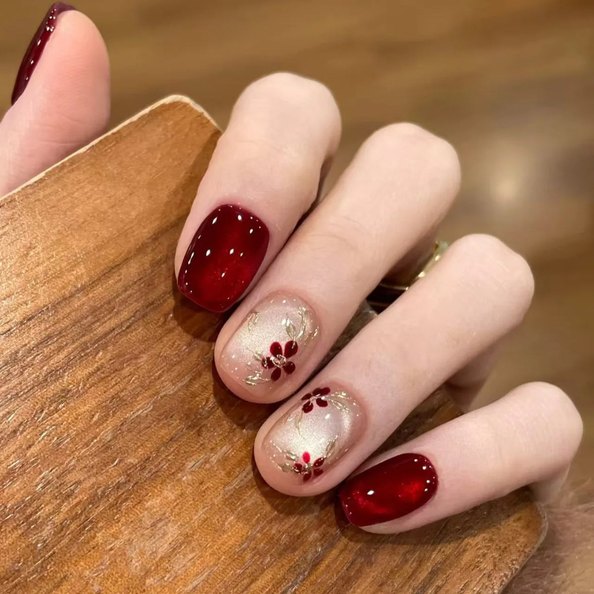 Short Square Cat Eye fake Nail Tips Red Wine Yellow Brown Gradient Press-On false Nails for Women girls full Covers Nail set