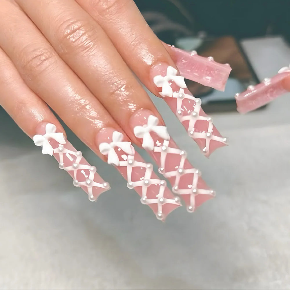 Purple French Bow & Butterfly Rhinestone Press-On Nails – Long Coffin, 24 Pcs