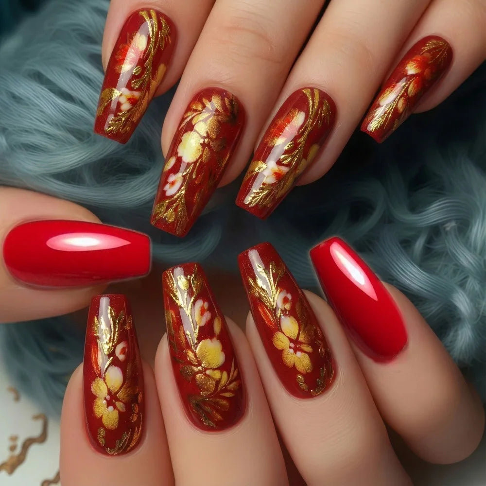 Medium Ballet fake nails for women girls 3D golden gilding flowers leaf new year red full cover nail tips press on false nail