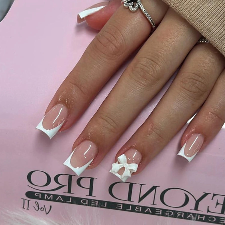 White French Tip 3D Bow Press-On Nails – Short Almond, 24 Pcs