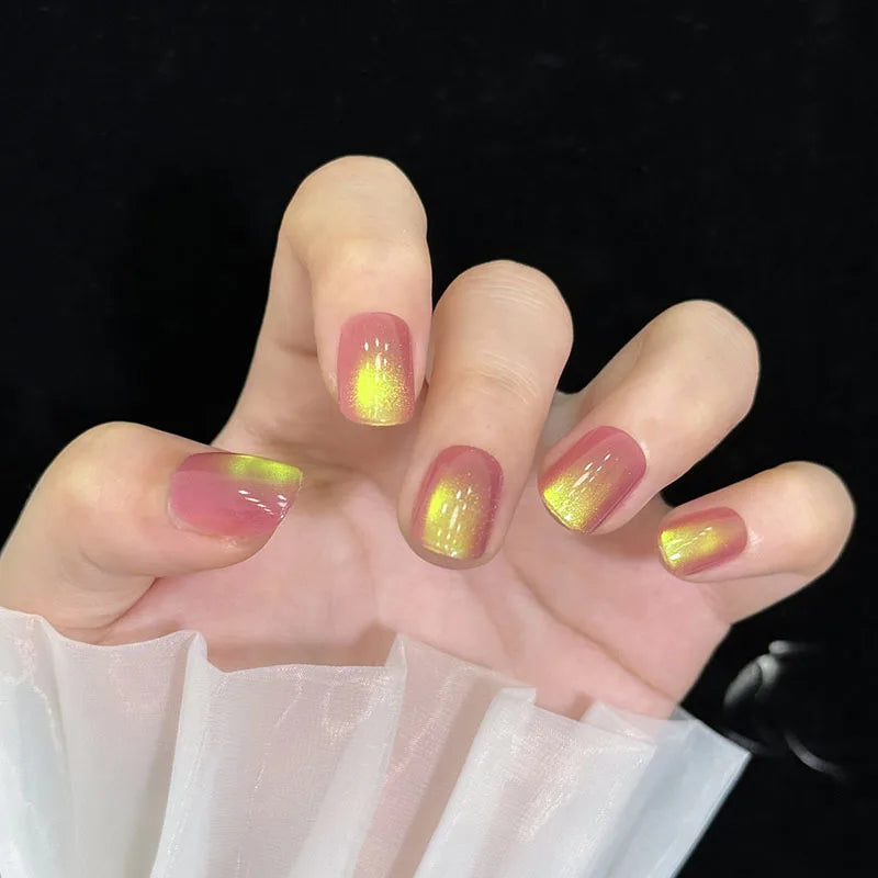 24pcs/30pcs/set short medium fake nails cat's eye flash square nail tips gradient Pink yellow blue purple press on false nails