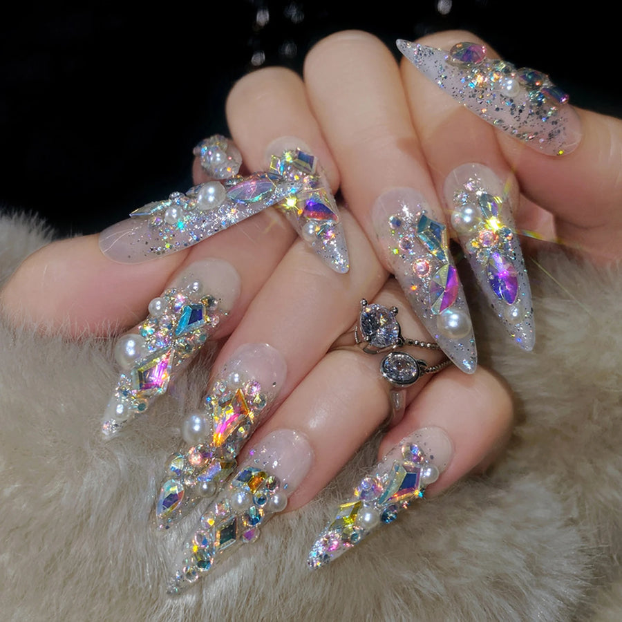 Full Rhinestone Sparkle Press-On Nails – Long Coffin, 24 Pcs