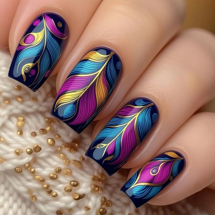 Colorful Feather & Leaf Press-On Nails – Matte or Glossy, Medium Square