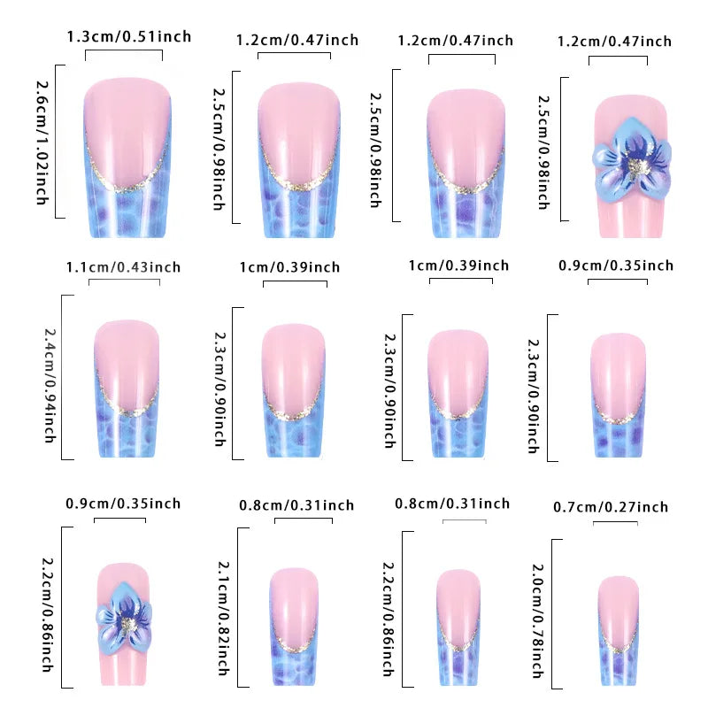 3D Blue Gradient Flower Press-On Nails – Medium Long Square