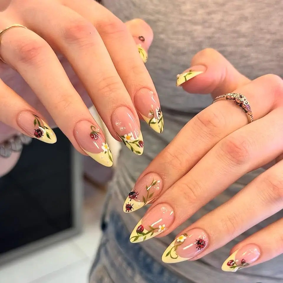 24pcs/set Medium long fake nail for Autumn Winter fashion maple leaves flowers brown green white pink tips press on false nail