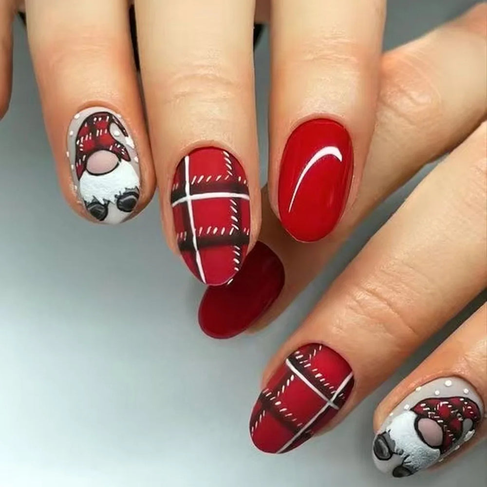 Christmas Bear & Santa Plaid Press-On Nails – Short Oval, 24 Pcs