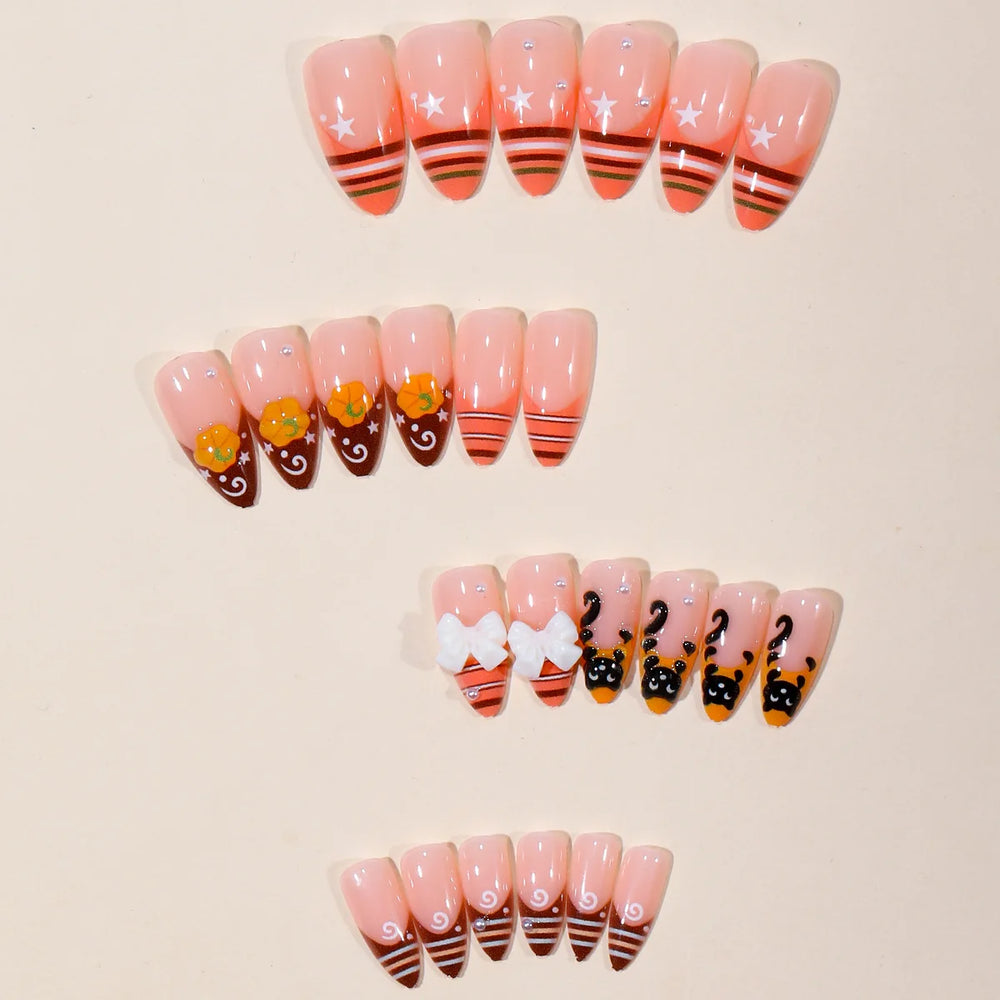Cute Cartoon Black Cat 3D Press-On Nails – Almond, 24 Pcs