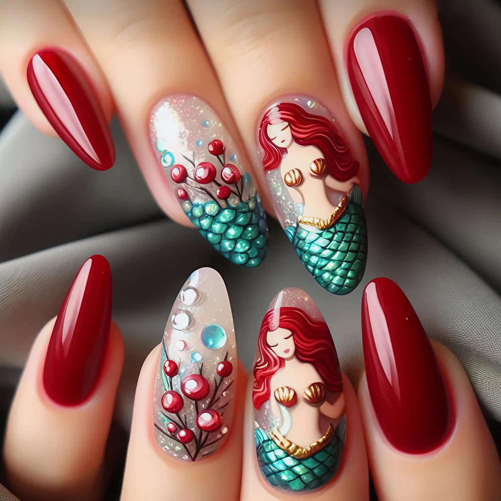 Ocean Jellyfish & Turtle Cute Animal Press-On Nails – Medium Long, 24 Pcs