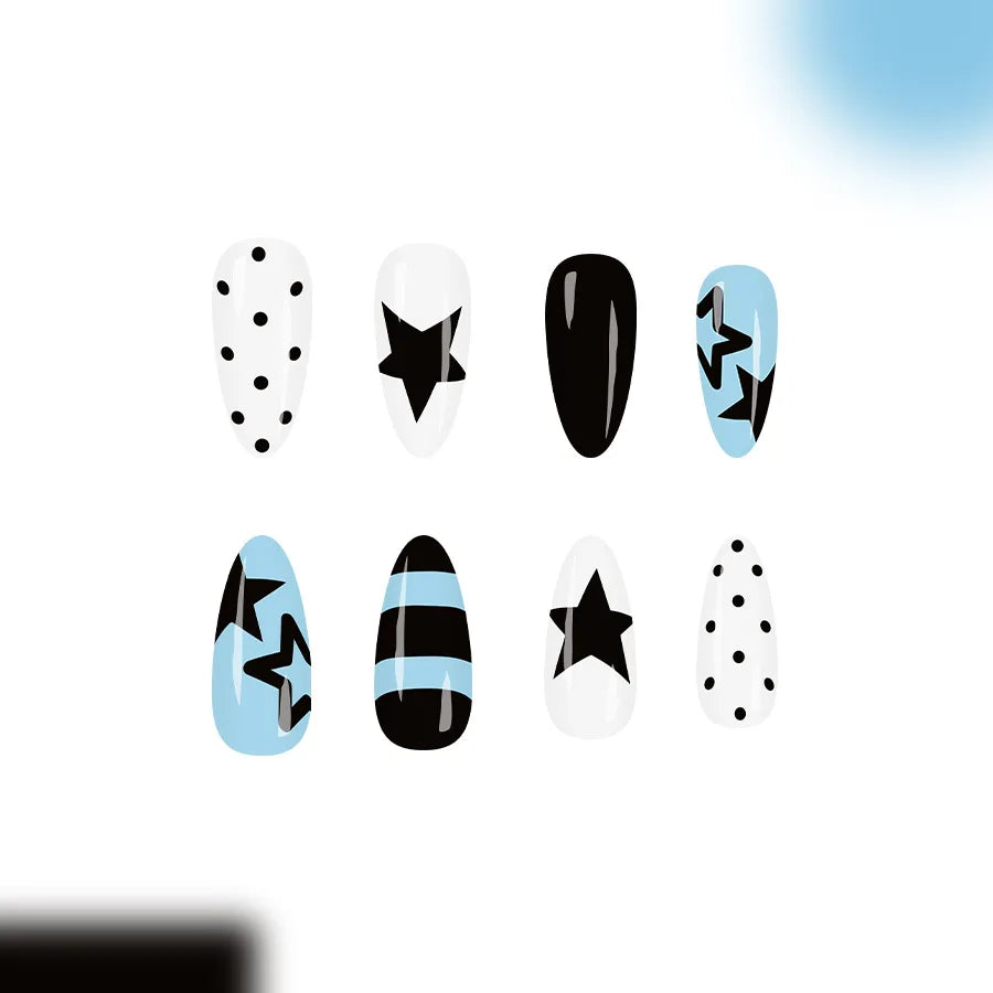 Blue & Black Stripe Star Polka Dot Press-On Nails – Almond, 24 Pcs