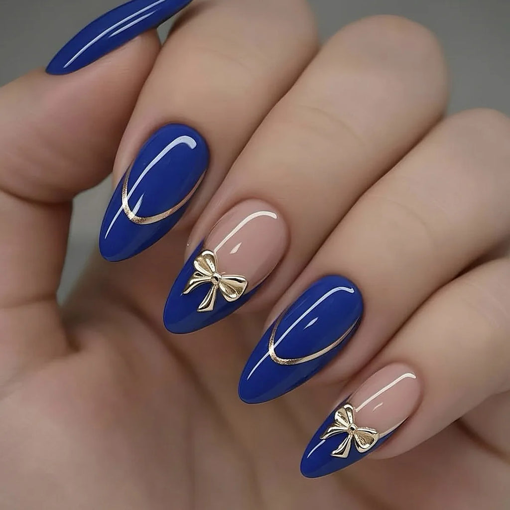 Medium fake nails for women gilrs Nude blue colors with golden strips bow design french style almond nail tips press on nails