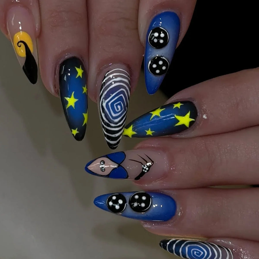 Halloween Spiral Star & Pumpkin Press-On Nails – Almond, 24 Pcs