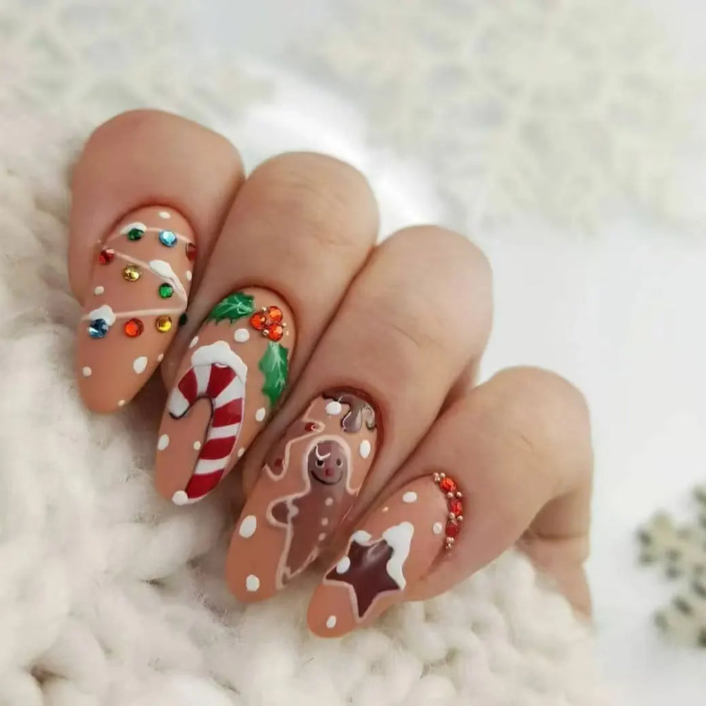 Christmas Bear & Santa Plaid Press-On Nails – Short Oval, 24 Pcs