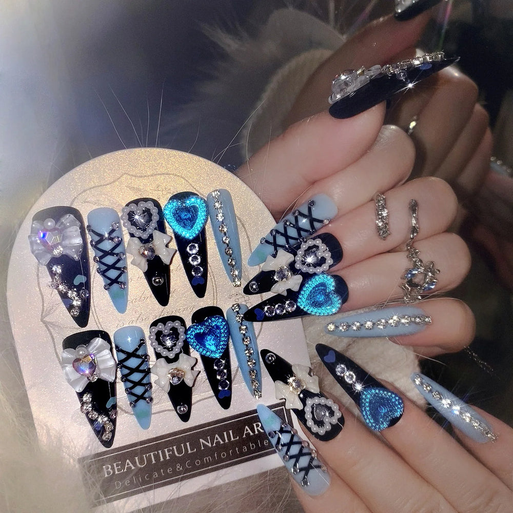 Black & Blue 3D Bow Pearl Heart Press-On Nails – Long Stiletto, 24 Pcs